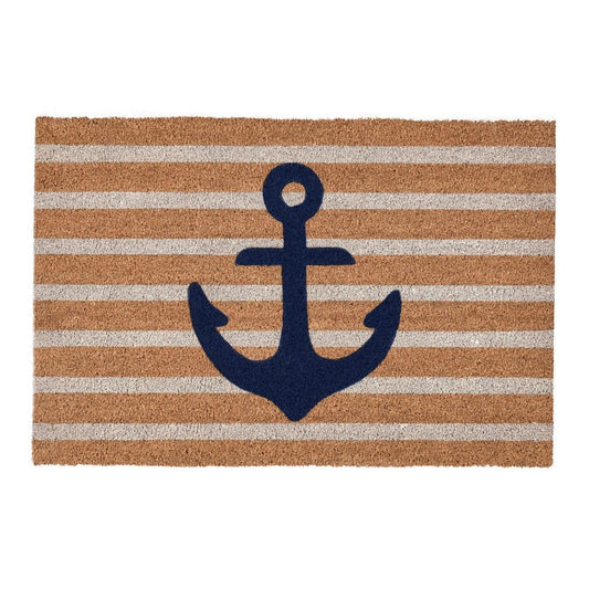 Styn 24 x 36 Doormat Coir Nonslip Back, Striped Pattern, Anchor Print, Navy By Casagear Home