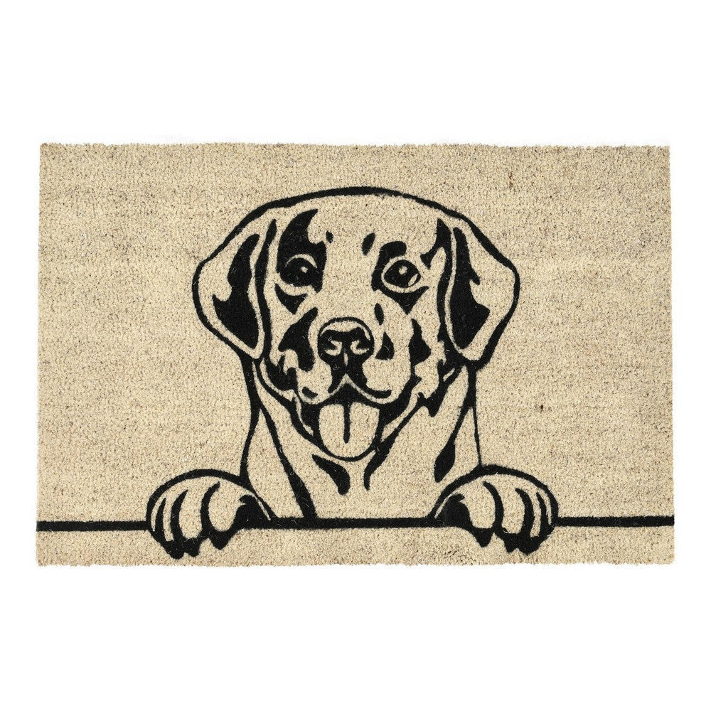 Doe 24 x 36 Doormat, Woven Happy Dog Print, Black Sand Coir Nonslip Back By Casagear Home