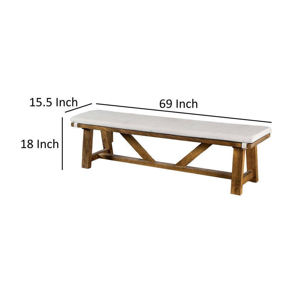 Jule Dining Bench Trestle Base 69 Inch Brown Wood with Off White Seat By Casagear Home BM319791