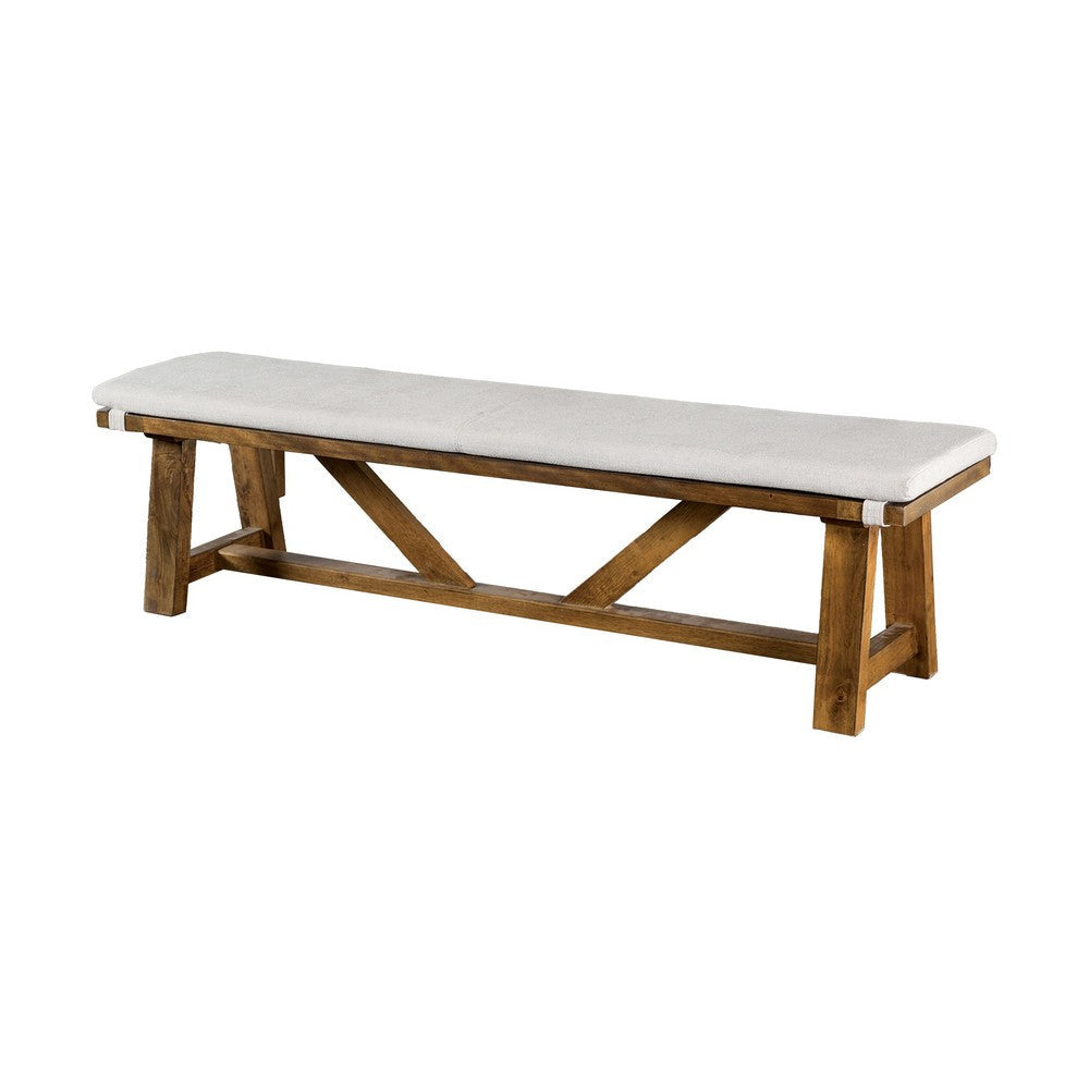 Jule Dining Bench, Trestle Base, 69 Inch, Brown Wood with Off White Seat By Casagear Home