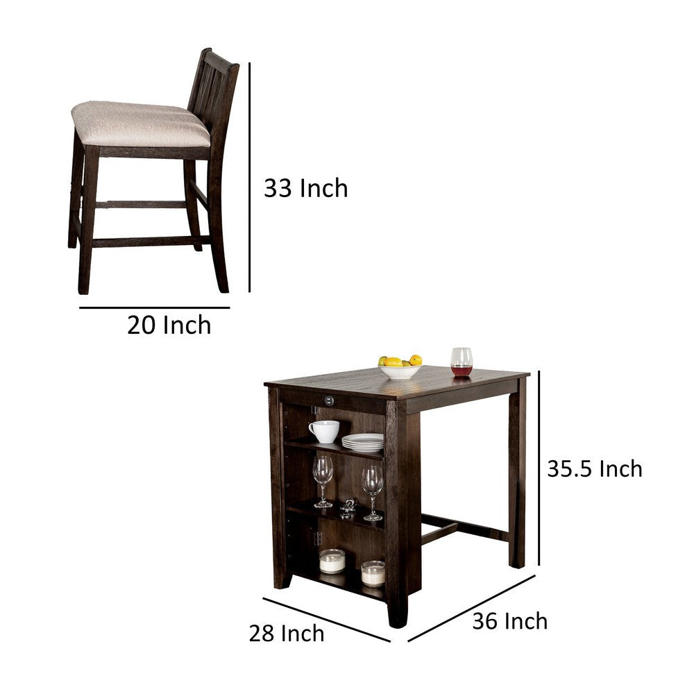 Lessi 3pc Counter Height Table Set with Side Shelf USB Cherry Brown Wood By Casagear Home BM319792