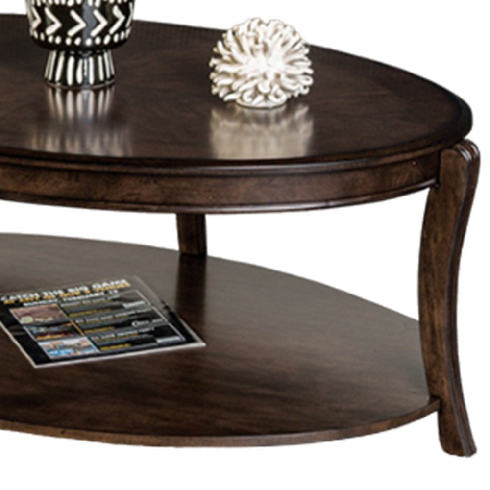 Orio Coffee Table with Open Shelves 49 Inch Oval Top Brown Wood By Casagear Home BM319796