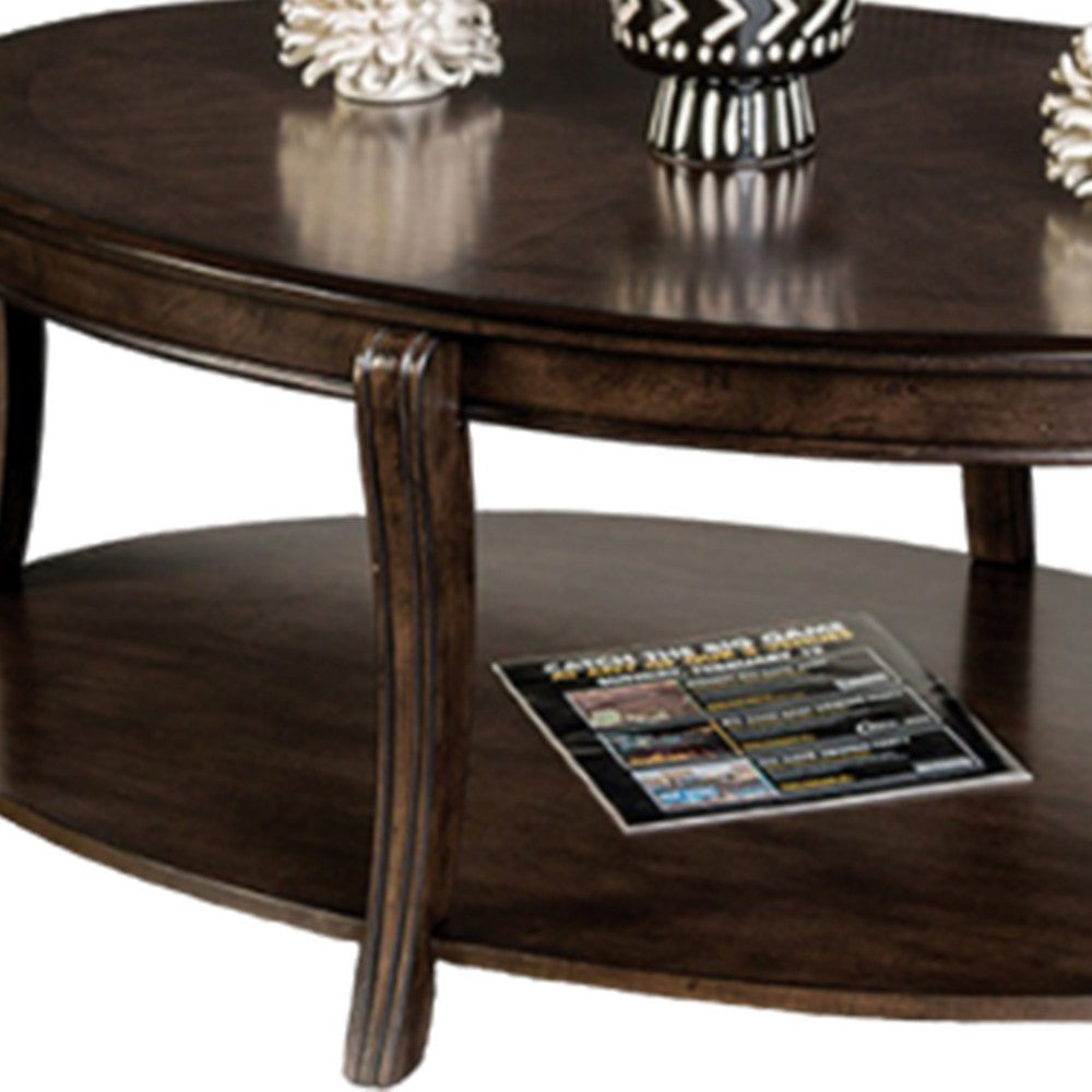 Orio Coffee Table with Open Shelves 49 Inch Oval Top Brown Wood By Casagear Home BM319796