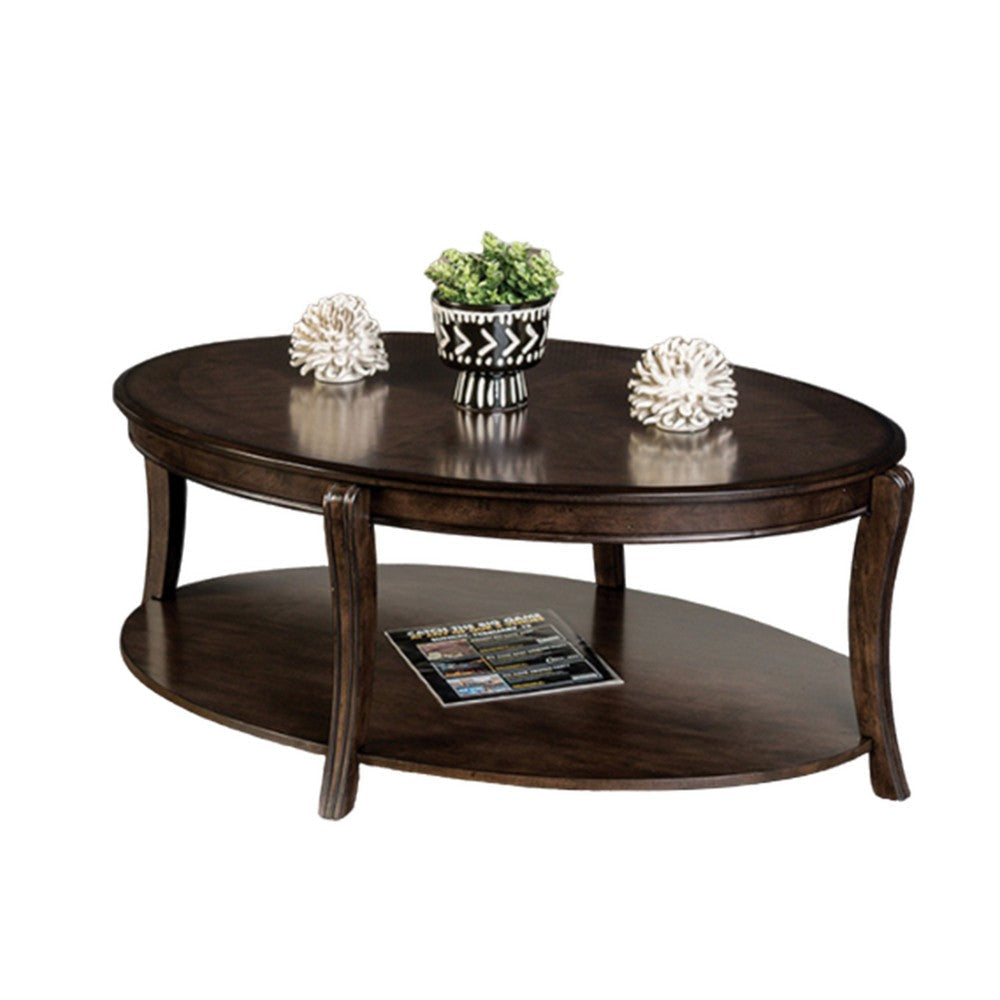 Orio Coffee Table with Open Shelves, 49 Inch Oval Top, Brown Wood By Casagear Home