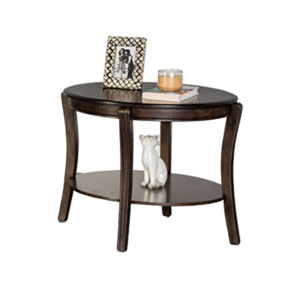 Orio Side End Table, Open Shelves, 31 Inch Oval Top, Curve Legs, Brown Wood By Casagear Home