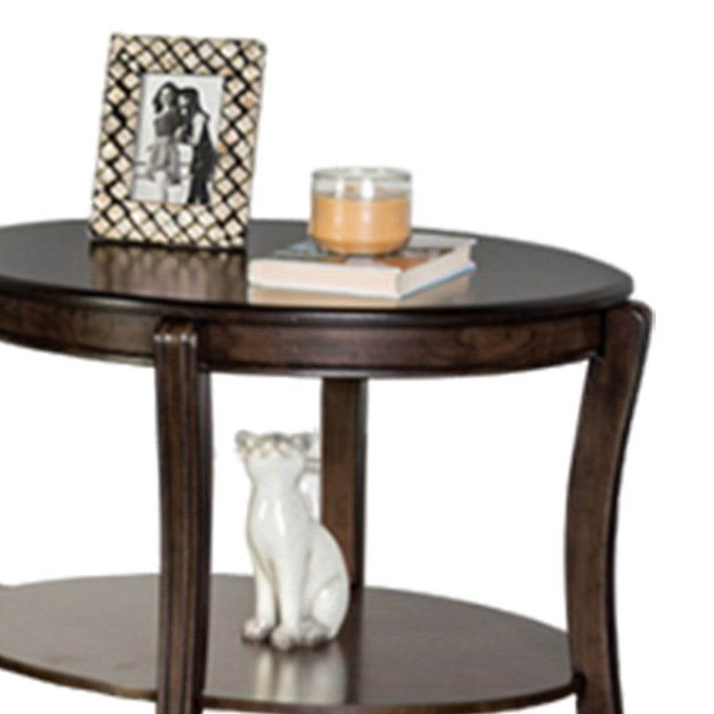 Orio Side End Table Open Shelves 31 Inch Oval Top Curve Legs Brown Wood By Casagear Home BM319797