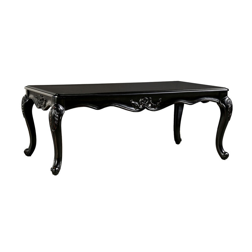 Roche Coffee Table, 53 Inch, Classical Cabriole Legs, Dark Brown Solid Wood By Casagear Home