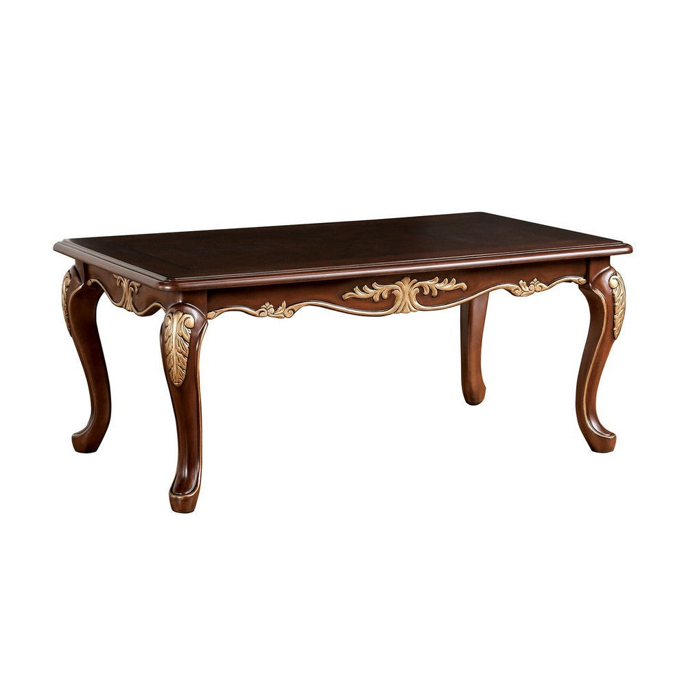 Saili Coffee Table, Gold Carvings, 48 Inch, Cabriole, Tobacco Brown Wood By Casagear Home