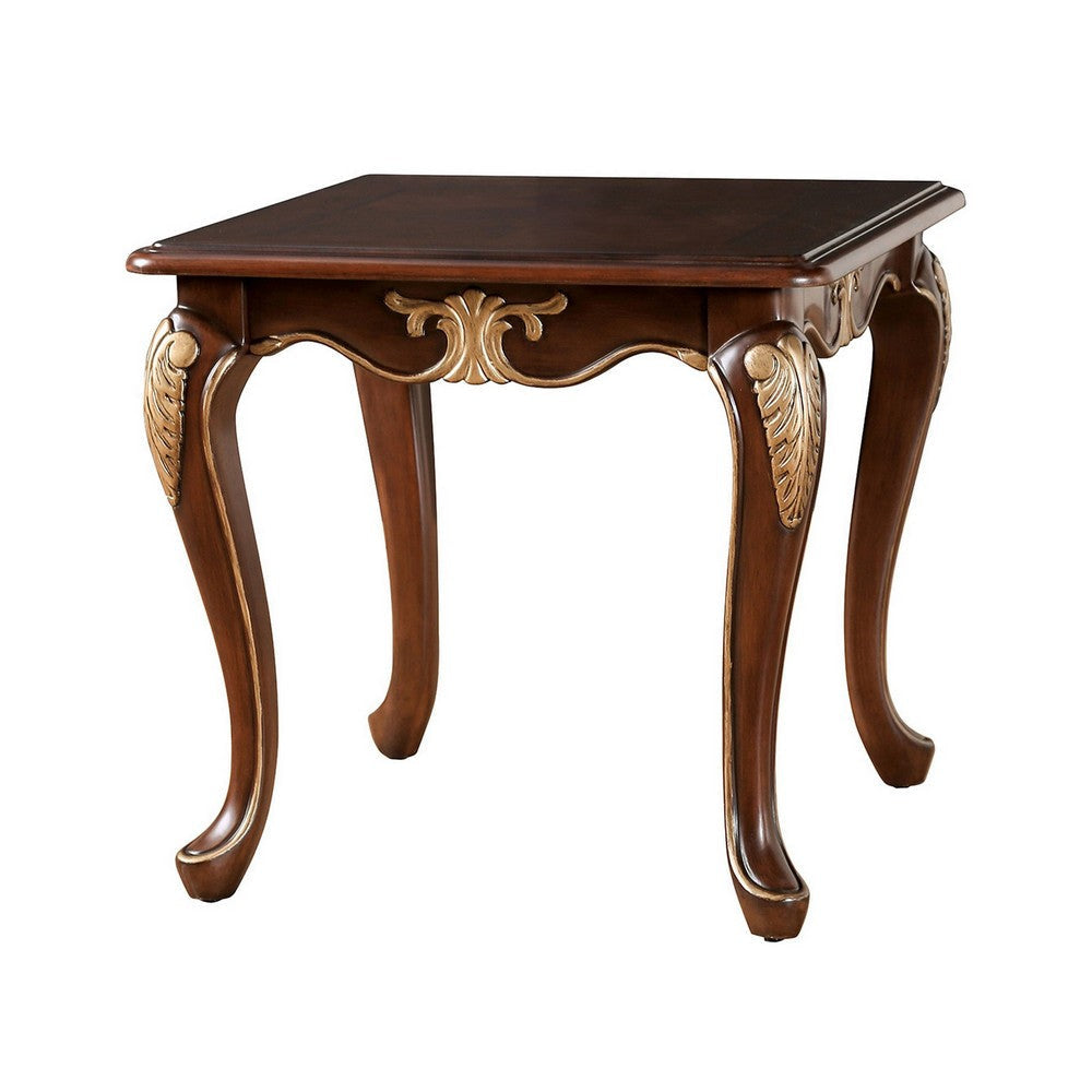 Saili Side End Table Gold Carvings 29 Inch Cabriole Tobacco Brown Wood By Casagear Home BM319806