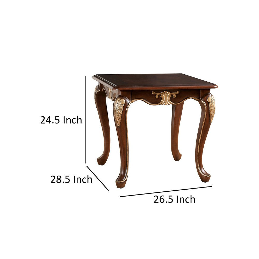 Saili Side End Table Gold Carvings 29 Inch Cabriole Tobacco Brown Wood By Casagear Home BM319806