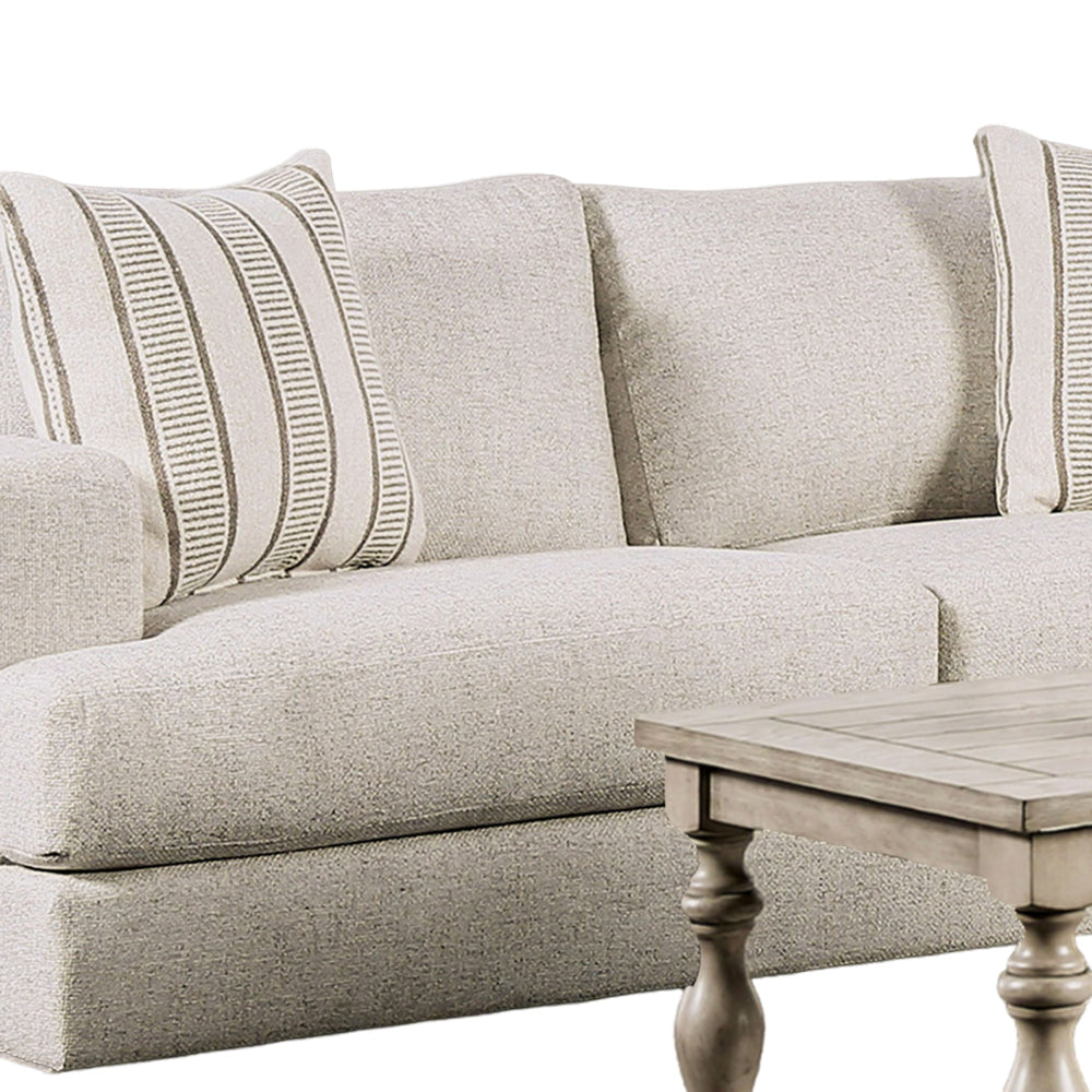 Flin Sofa with 2 Striped Accent Pillow 86 Inch Soft Beige Chenille By Casagear Home BM319827