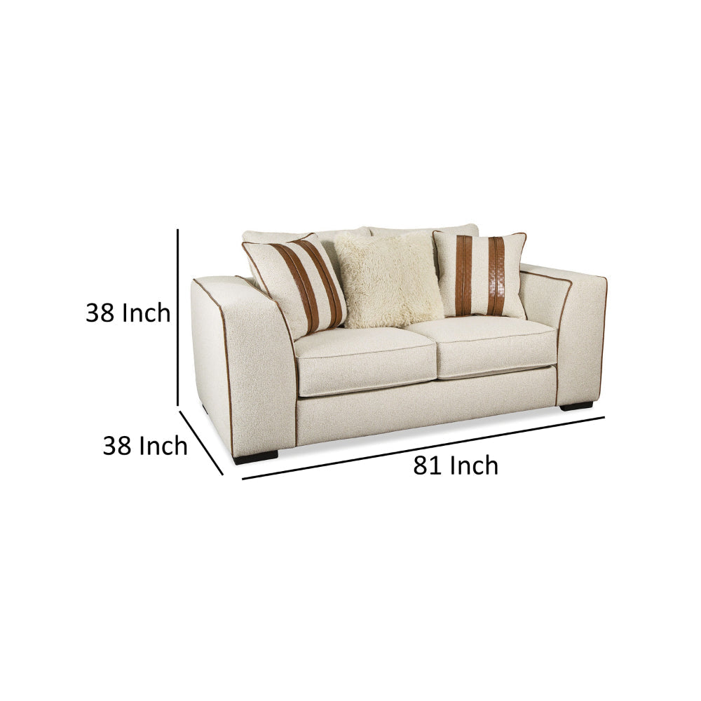 Elize Loveseat 3 Accent Pillows 81 Inch Solid Wood Brown Beige Boucle By Casagear Home BM319829