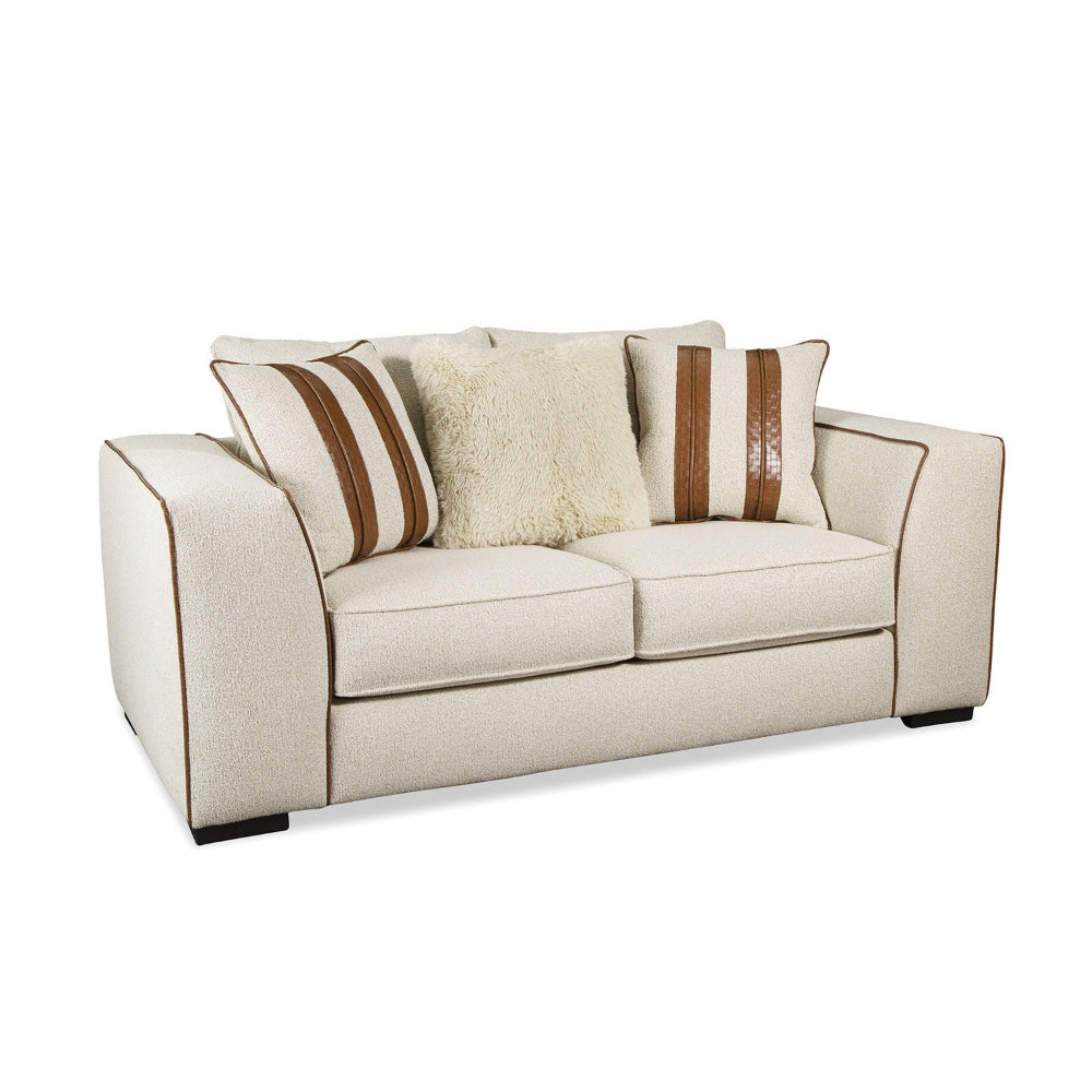 Elize Loveseat, 3 Accent Pillows, 81 Inch, Solid Wood, Brown, Beige Boucle By Casagear Home