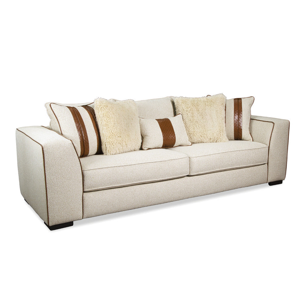 Elize Sofa with 5 Accent Pillows, 91 Inch, Solid Wood, Brown, Beige Boucle By Casagear Home