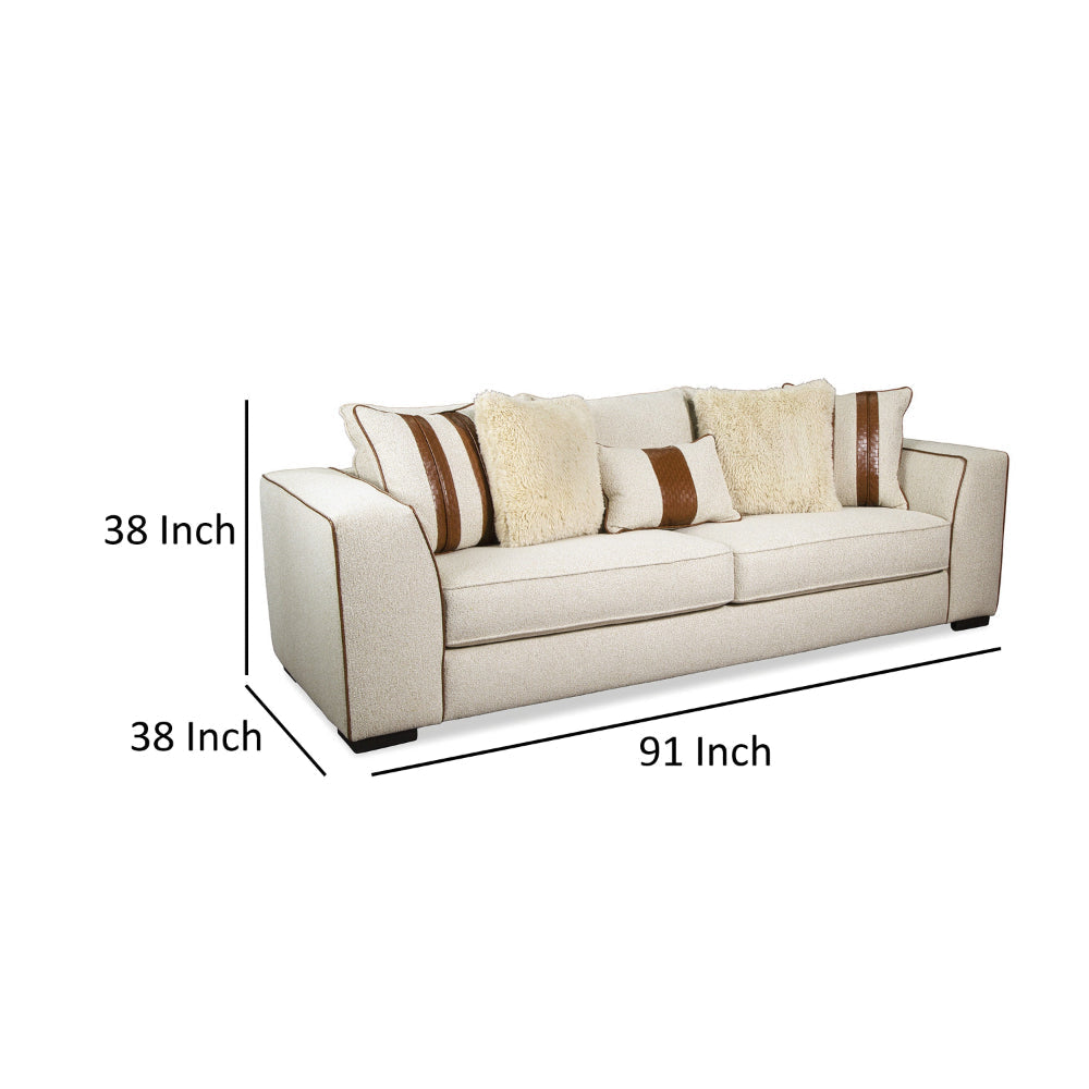 Elize Sofa with 5 Accent Pillows 91 Inch Solid Wood Brown Beige Boucle By Casagear Home BM319830