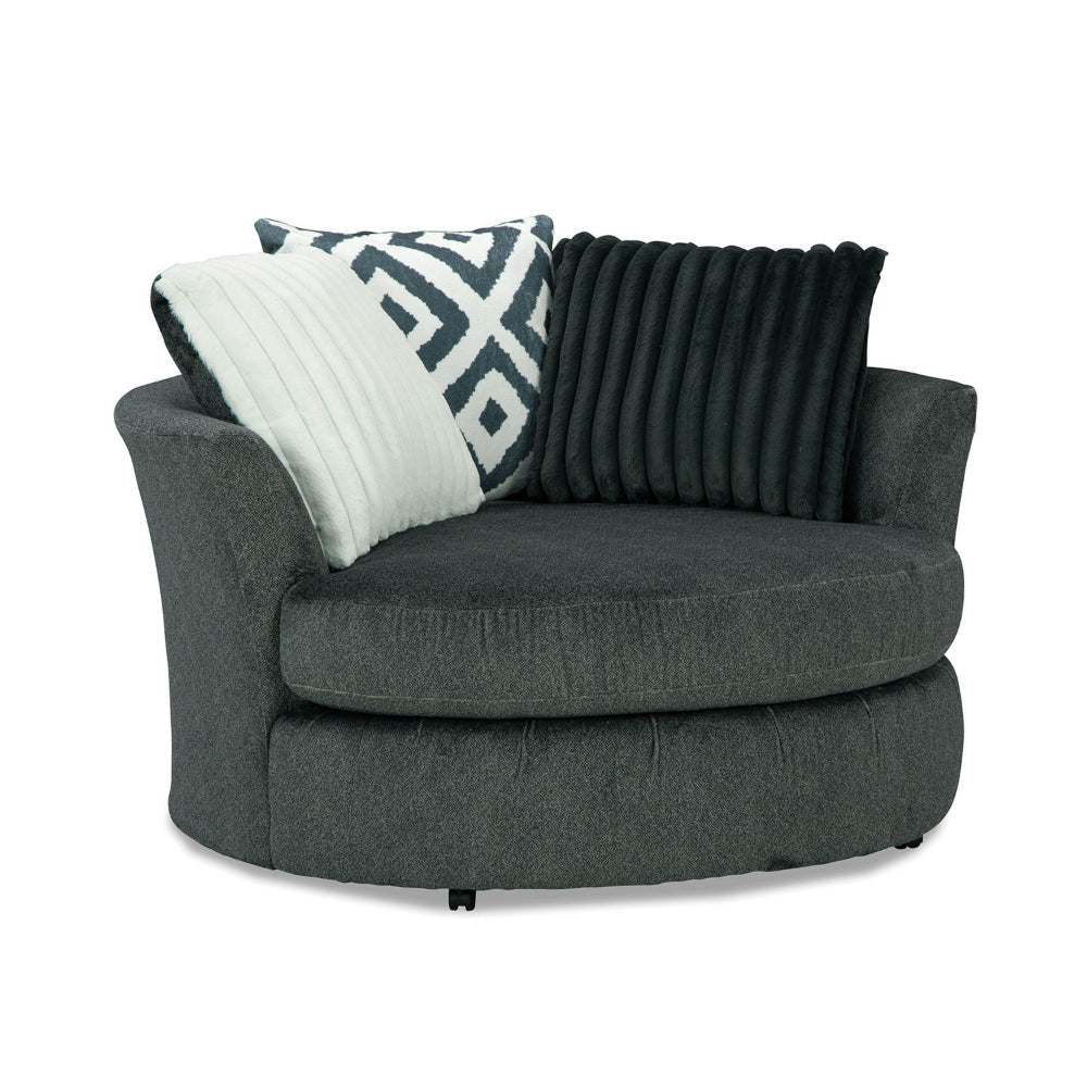 Laila Swivel Accent Chair, 3 Throw Pillows, Round Back Dark Gray Chenille By Casagear Home