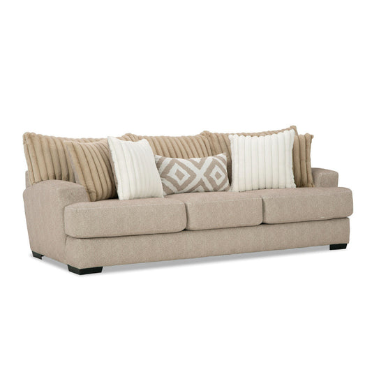 Laila Sofa, 5 Accent Pillows, 98 Inch Solid Wood, Light Brown Chenille By Casagear Home