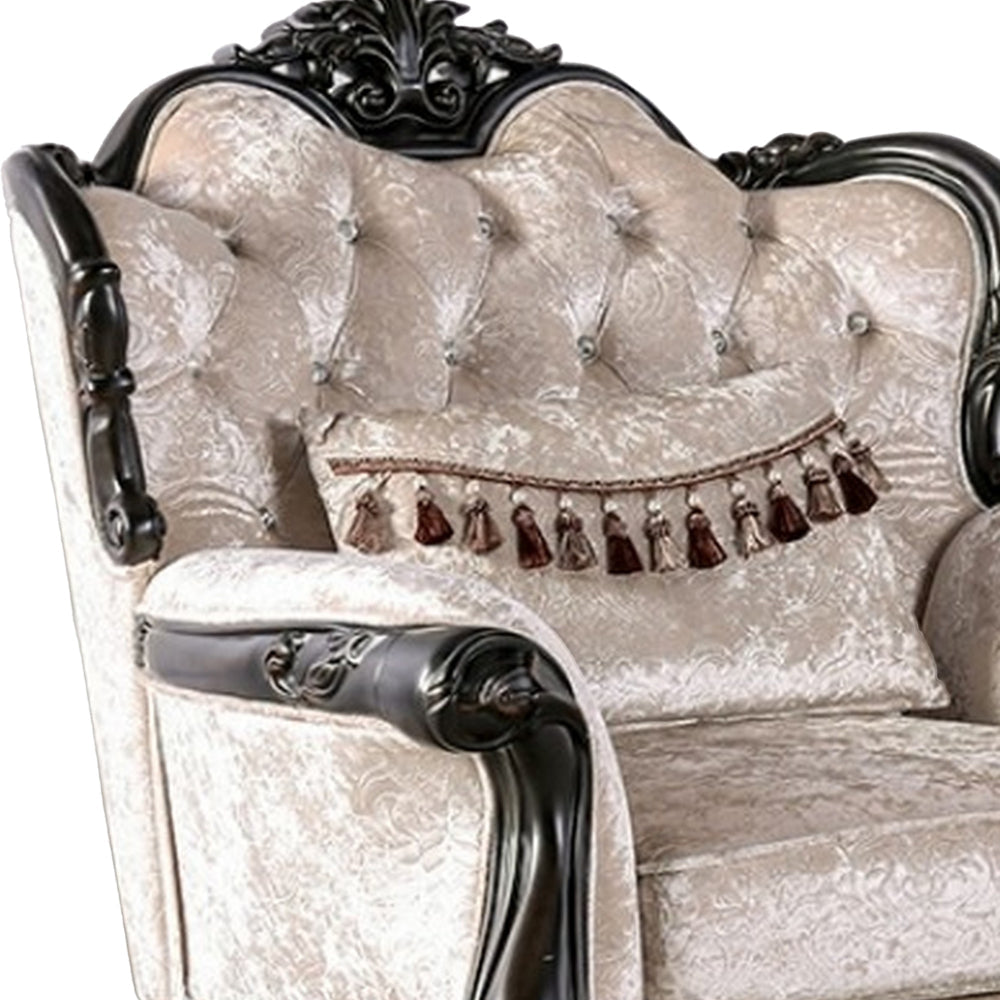 Paulo Accent Chair with Crown Molding Diamond Tufted Off White Black Wood By Casagear Home BM319843