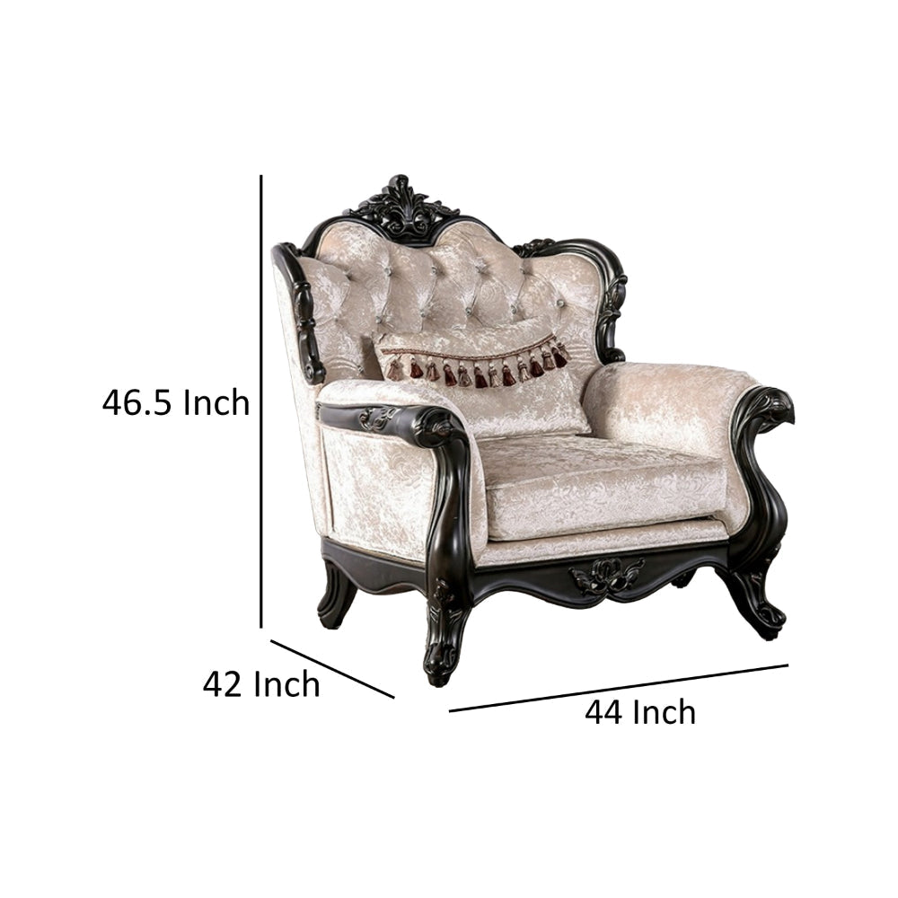 Paulo Accent Chair with Crown Molding Diamond Tufted Off White Black Wood By Casagear Home BM319843