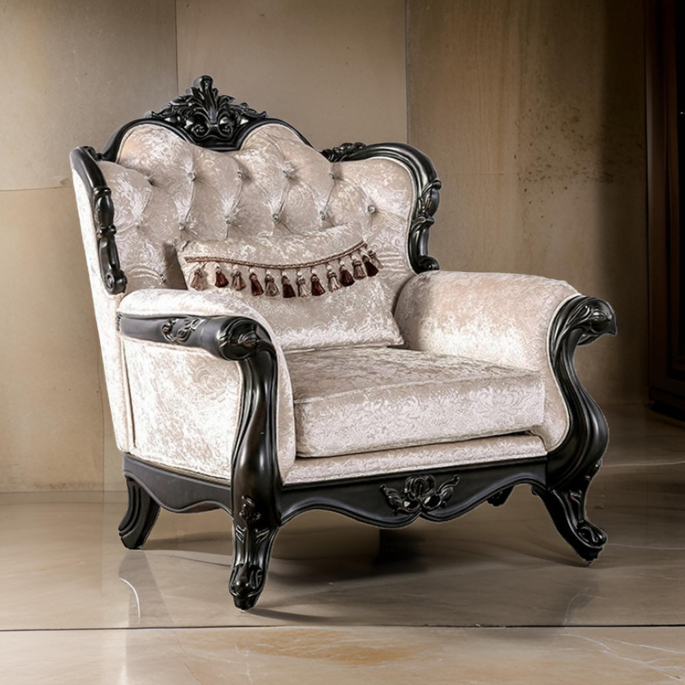 Paulo Accent Chair with Crown Molding Diamond Tufted Off White Black Wood By Casagear Home BM319843