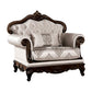 Vera Accent Chair, Tufted Jacquard Pattern, Carved Dark Cherry Brown, Beige By Casagear Home