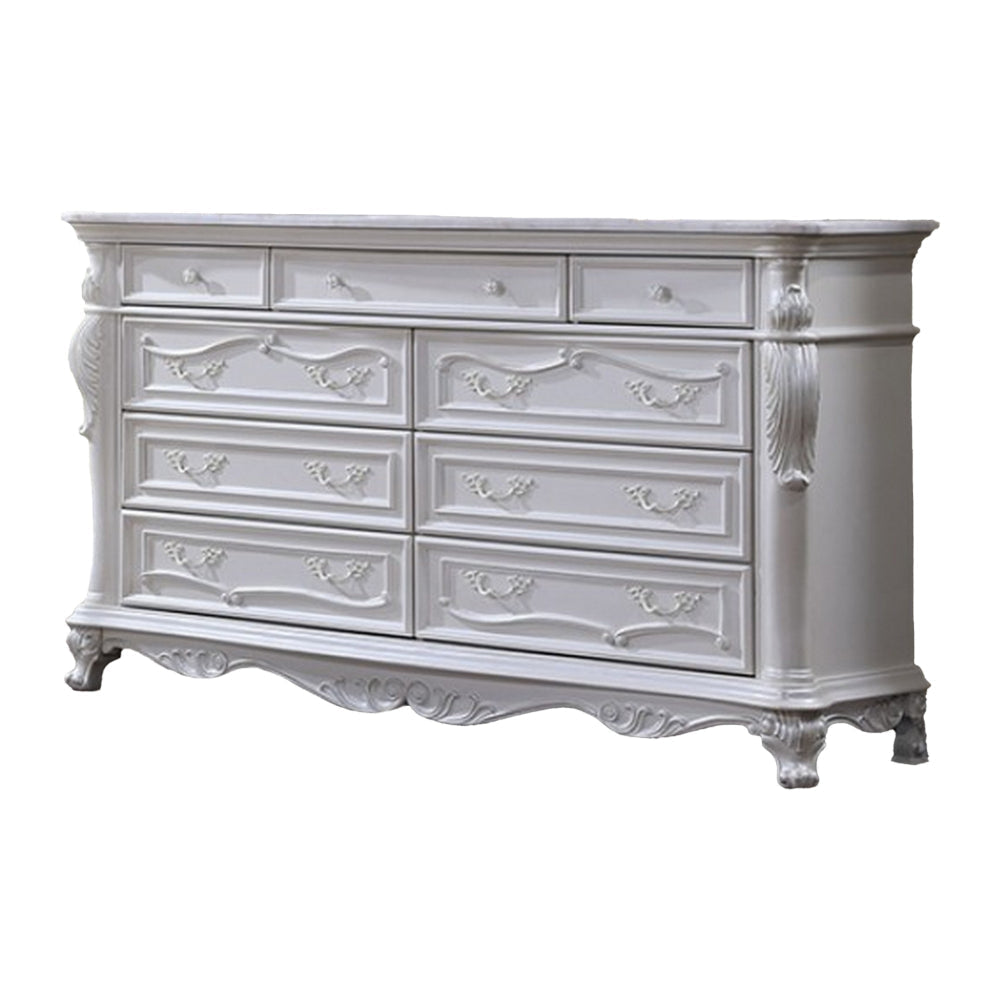 Venta Wide Dresser Chest with 9 Drawers, Carved Details, White Solid Wood By Casagear Home