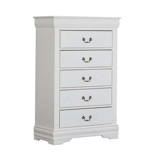 Ryla Tall Dresser Chest, 5 Drawers, Nickel Metal Handles, White Solid Wood By Casagear Home