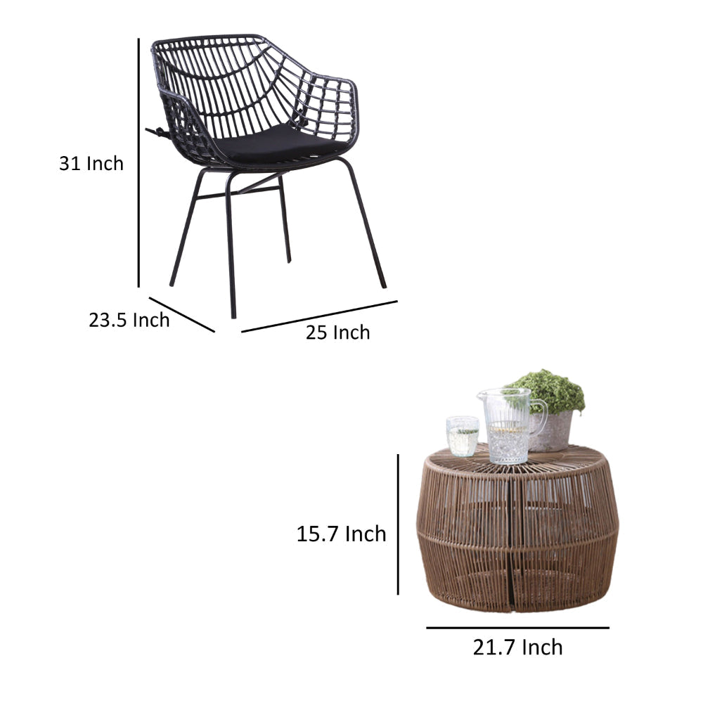 Zyan 3pc Outdoor Set 2 Accent Chairs with Table Black Steel Brown Rattan By Casagear Home BM319859