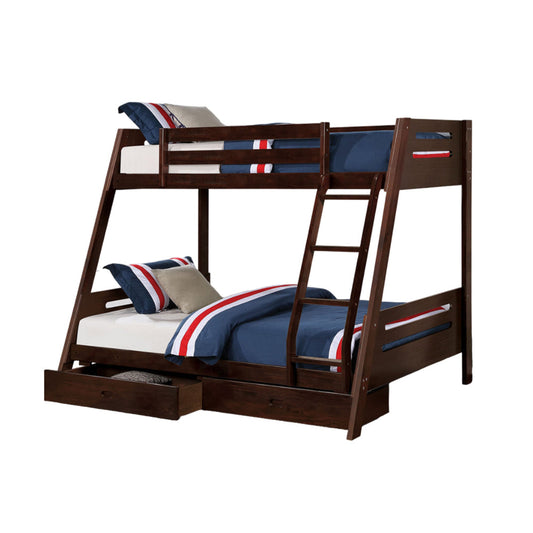 Emily Twin Over Full Bunk Bed with Ladder, 2 Drawers, Espresso Brown Wood By Casagear Home