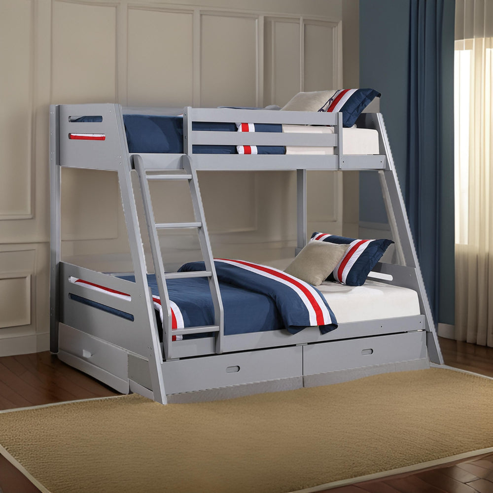 Emily Twin Over Full Bunk Bed with Ladder 2 Drawers Gray Solid Wood By Casagear Home BM319865