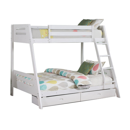 Emily Twin Over Full Bunk Bed with Ladder, 2 Drawers, White Solid Wood By Casagear Home