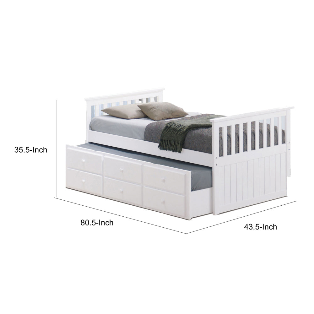 Clen Twin Captain Bed Trundle with 3 Drawer Storage White Solid Hardwood By Casagear Home BM319867