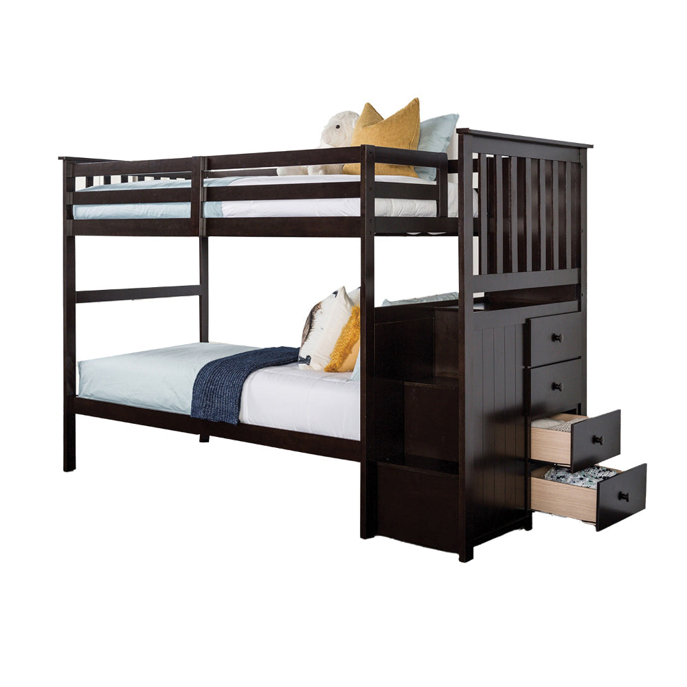 Riyo Twin Bunk Bed Built in Storage Unit Espresso Brown Solid Hardwood By Casagear Home BM319868