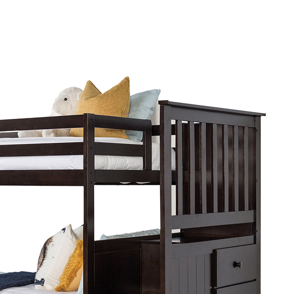 Riyo Twin Bunk Bed Built in Storage Unit Espresso Brown Solid Hardwood By Casagear Home BM319868