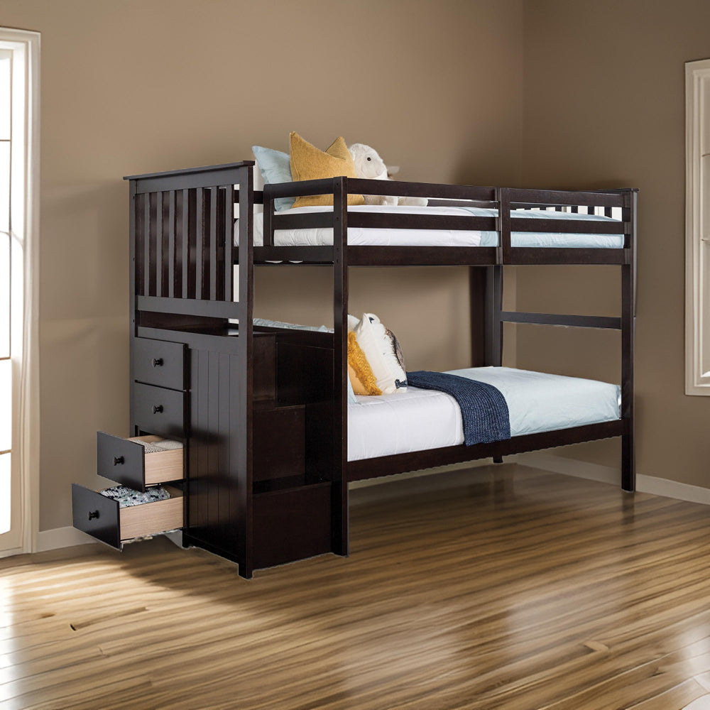 Riyo Twin Bunk Bed Built in Storage Unit Espresso Brown Solid Hardwood By Casagear Home BM319868