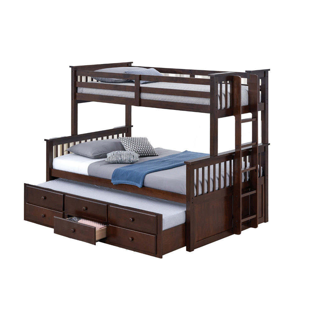 Veran Twin Over Full Bunk Bed Trundle and 3 Drawers Dark Brown Solid Wood By Casagear Home BM319872