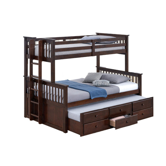 Veran Twin Over Full Bunk Bed, Trundle and 3 Drawers, Dark Brown Solid Wood By Casagear Home