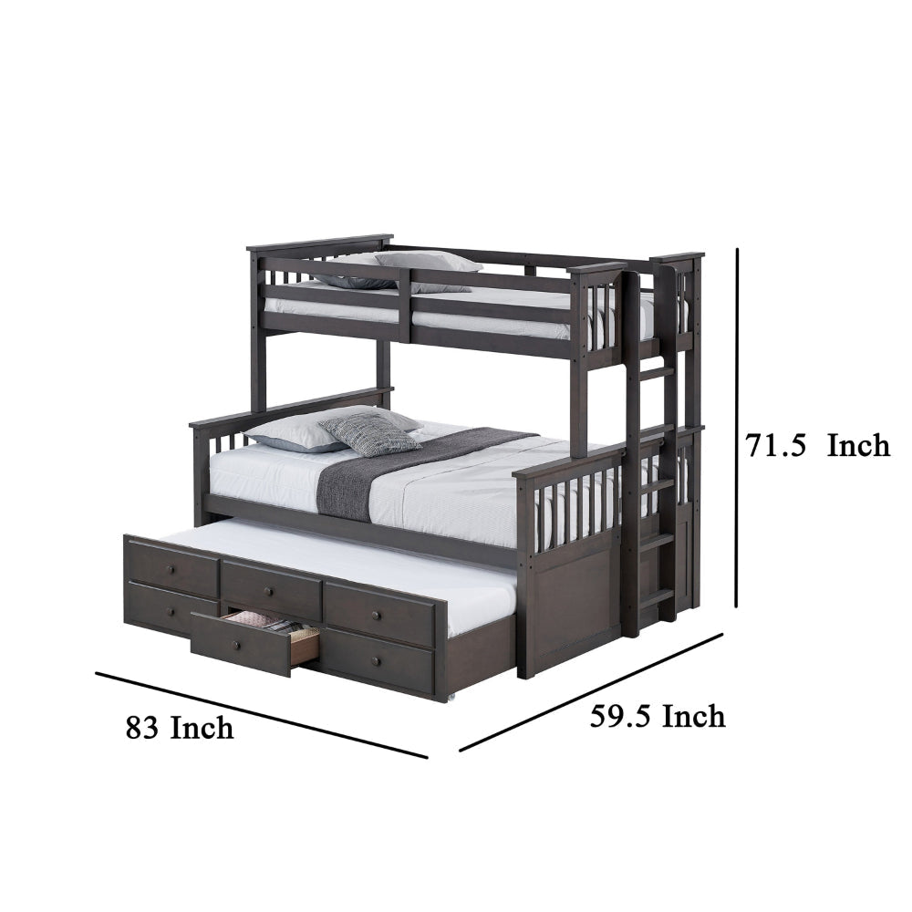 Veran Twin Over Full Bunk Bed Trundle and 3 Drawers Dark Gray Solid Wood By Casagear Home BM319873