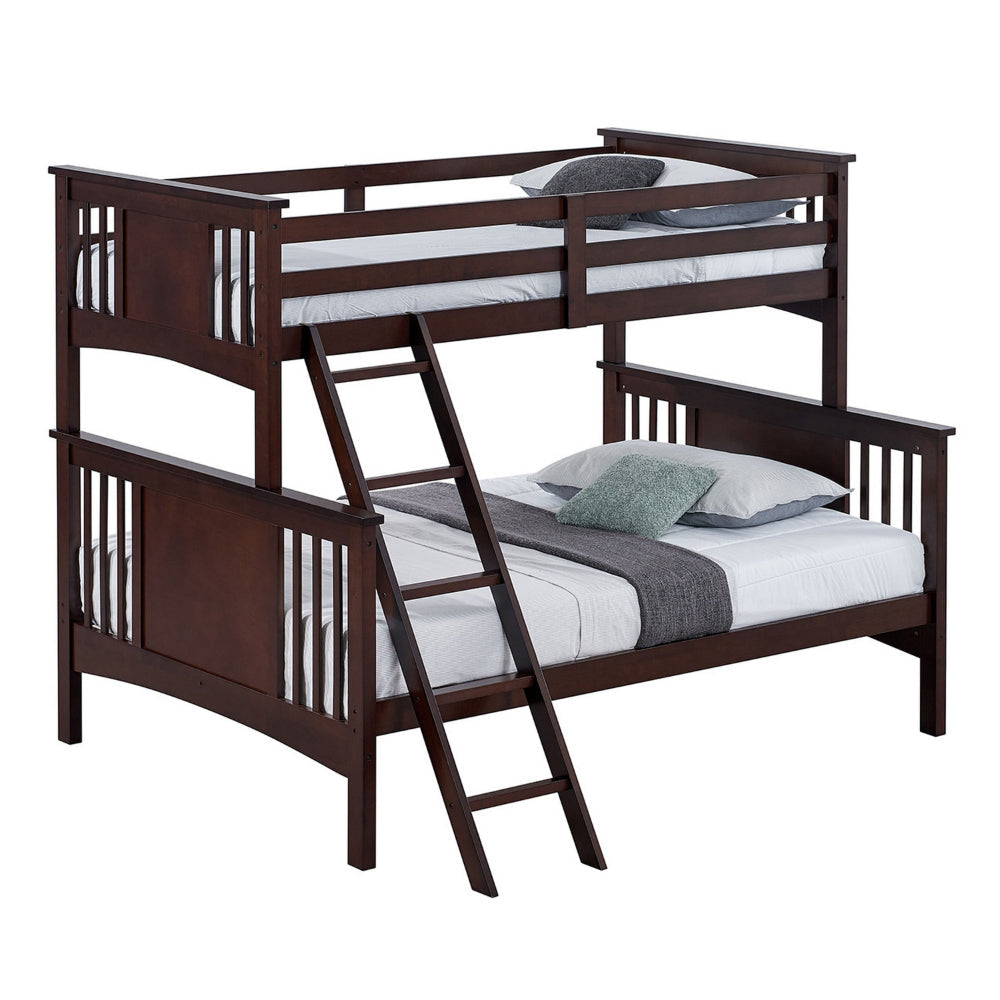 Ricky Twin Over Full Bunk Bed, Angled Ladder, Dark Brown Solid Hardwood By Casagear Home