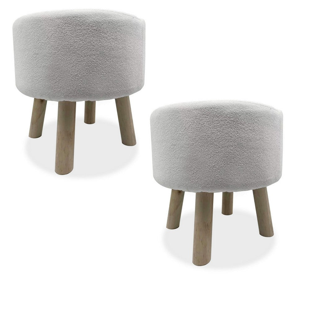 Ginni Footstool Ottoman Set of 2, White Polyester, Soft Seat, Wood Legs By Casagear Home