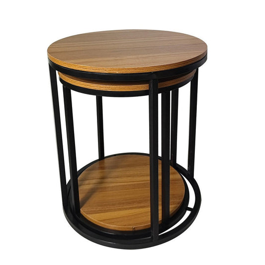 Molly Nesting Table Set of 2, Round Brown Solid Wood Top, Black Metal Frame By Casagear Home