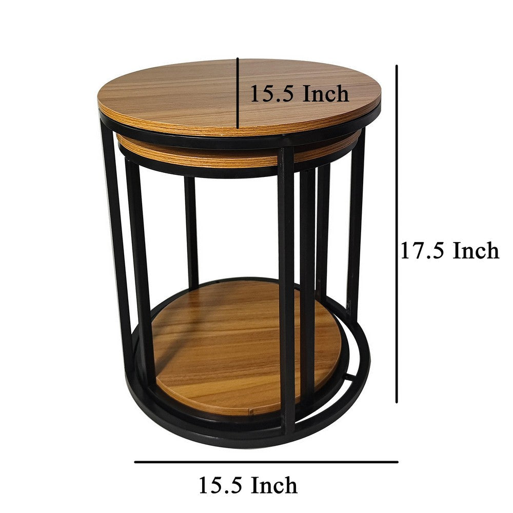 Molly Nesting Table Set of 2 Round Brown Solid Wood Top Black Metal Frame By Casagear Home BM319892