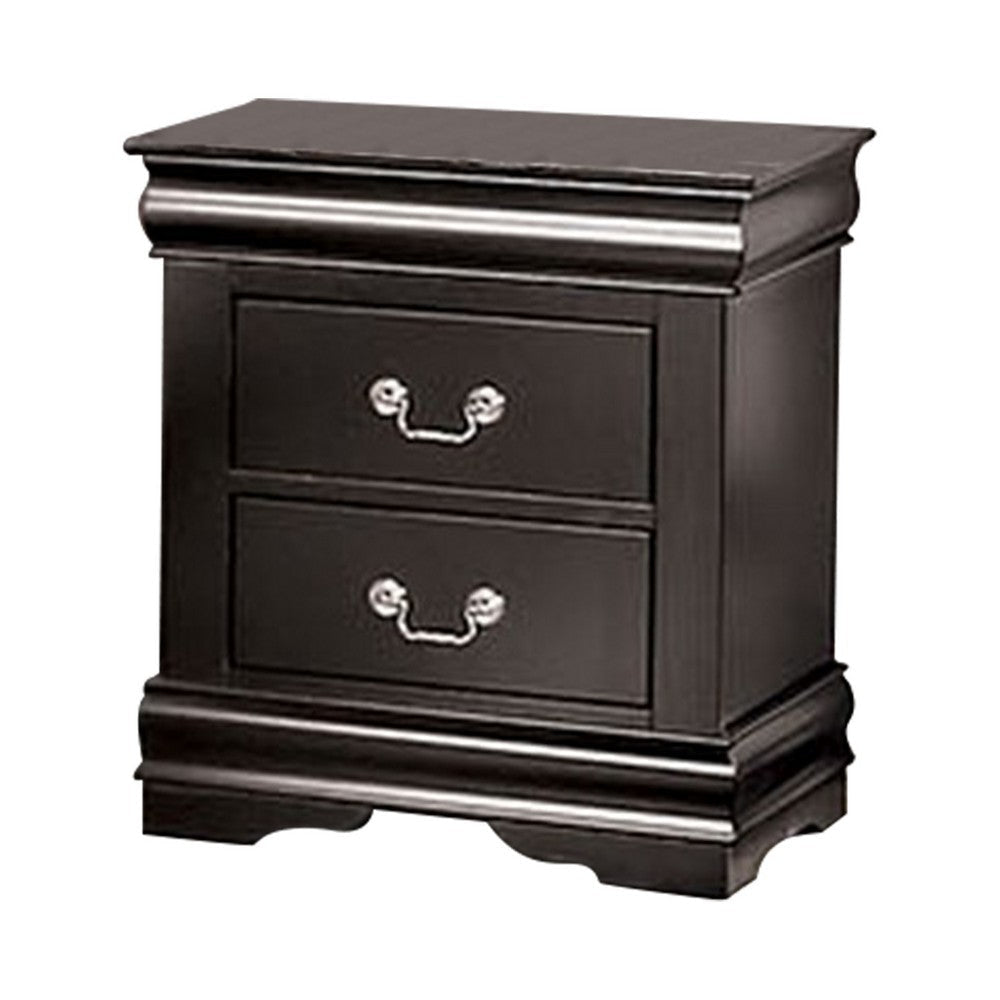 Ryla Nightstand, 2 Drawers, Black Solid Wood, Nickel Metal Drop Handles By Casagear Home