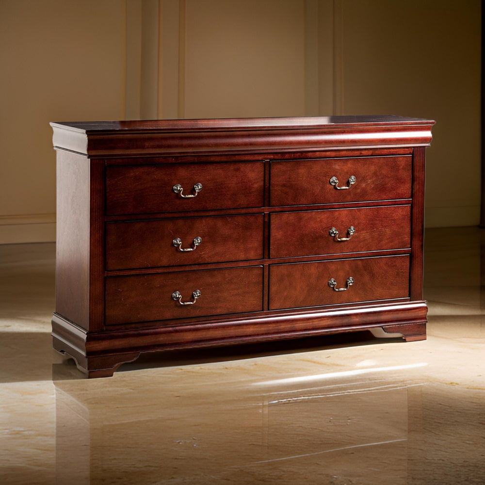 Ryla Wide Dresser 6 Drawers Bronze Metal Handles Cherry Brown Solid Wood By Casagear Home BM319903