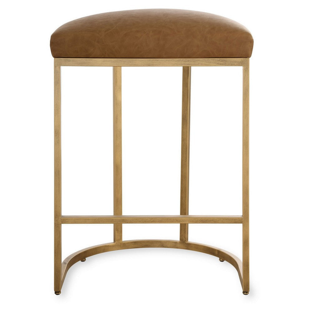 Gyn Counter Height Stool Brown Faux Leather D Seat Gold Cantilever Base By Casagear Home BM319919