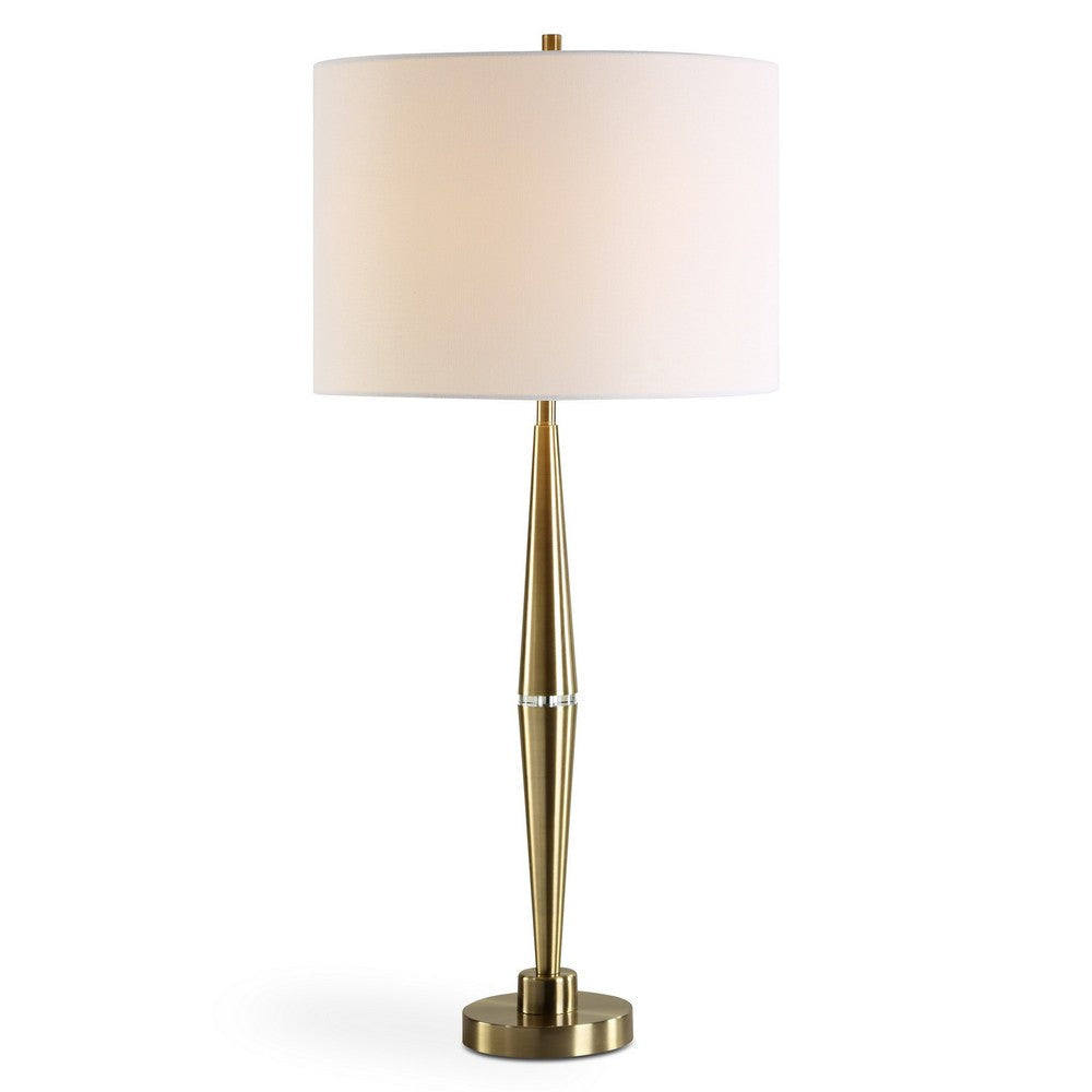 Modern Accent Table Lamp White Linen Drum Shade Gold Metal Tapered Base By Casagear Home BM319925