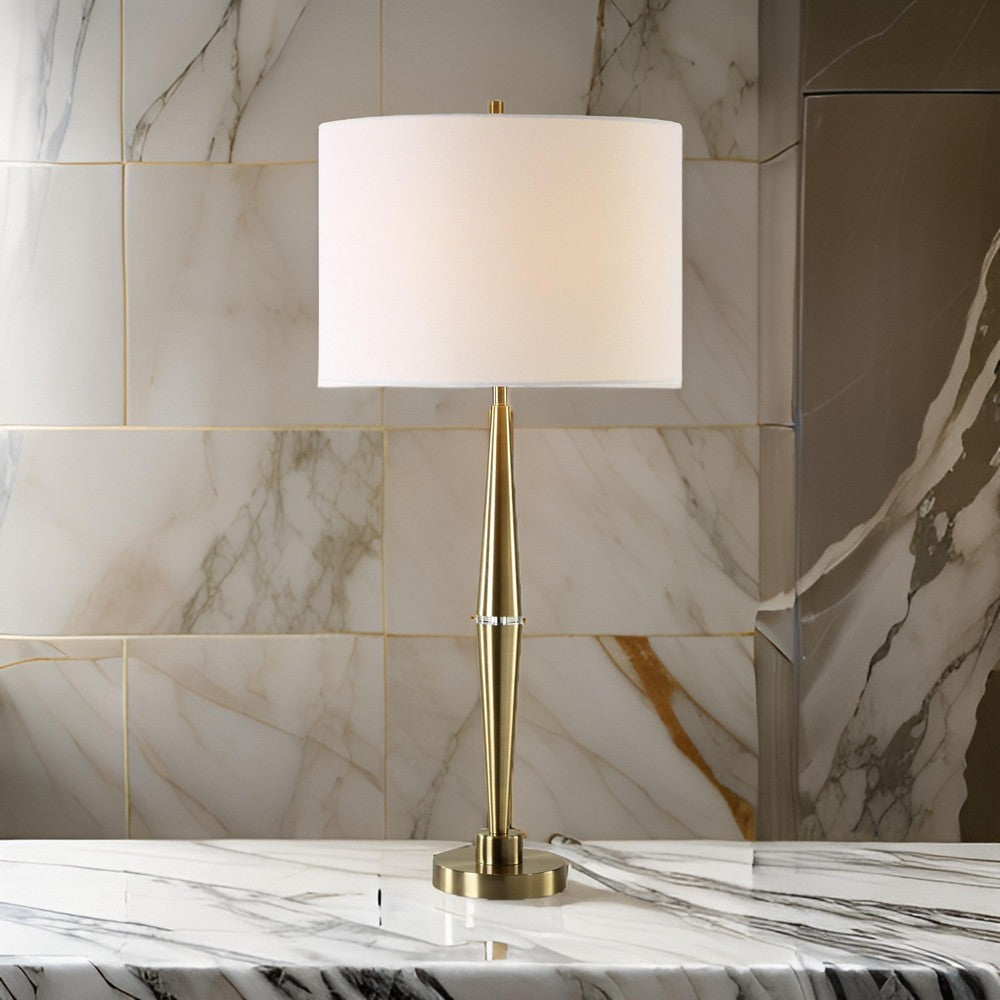 Modern Accent Table Lamp White Linen Drum Shade Gold Metal Tapered Base By Casagear Home BM319925