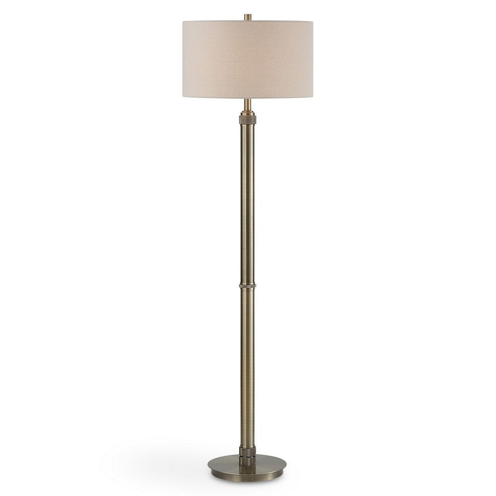 Modern Floor Lamp White Linen Drum Shade Brass Metal Pole Round Base By Casagear Home BM319926