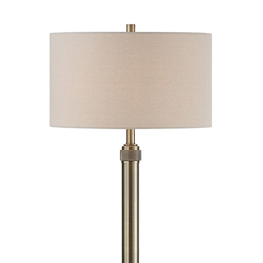 Modern Floor Lamp White Linen Drum Shade Brass Metal Pole Round Base By Casagear Home BM319926