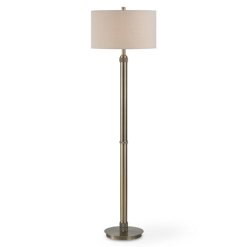 Modern Floor Lamp, White Linen Drum Shade, Brass Metal Pole, Round Base By Casagear Home